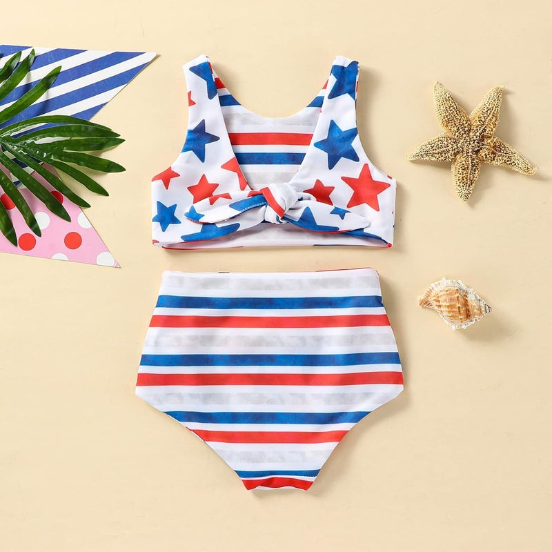 Karuedoo Toddler Baby Girl 4th of July Swimsuit American Flag Bathing Suit Stars Stripes Bikini Set Two Piece Swimwear - Image 2